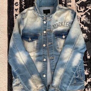 Mackeen Blue Men’s Denim Jacket with Skull and Bedazzled Letter Detailing